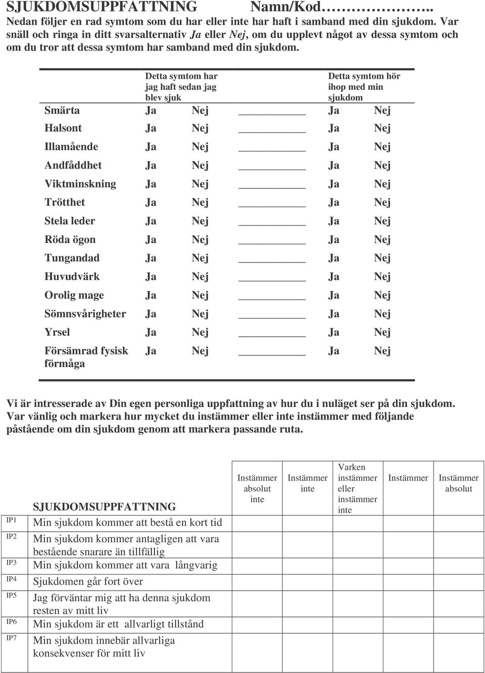 Detta symtom har Detta symtom hör jag haft sedan jag ihop med min blev sjuk Smärta Ja Nej Ja Nej Halsont Ja Nej Ja Nej Illamående Ja Nej Ja Nej Andfåddhet Ja Nej Ja Nej Viktminskning Ja Nej Ja Nej