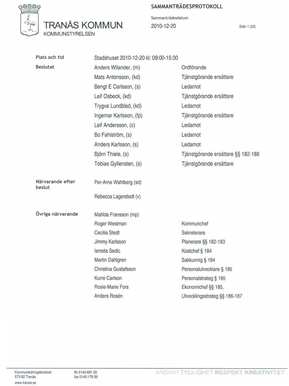 Ledamot Tjänstgörande ersättare Ledamot Ledamot Ledamot Tjänstgörande ersättare 182-188 Tjänstgörande ersättare Närvarande efter beslut Per-Arne Wahlberg (sd) Rebecca Lagerstedt (v) Övriga närvarande