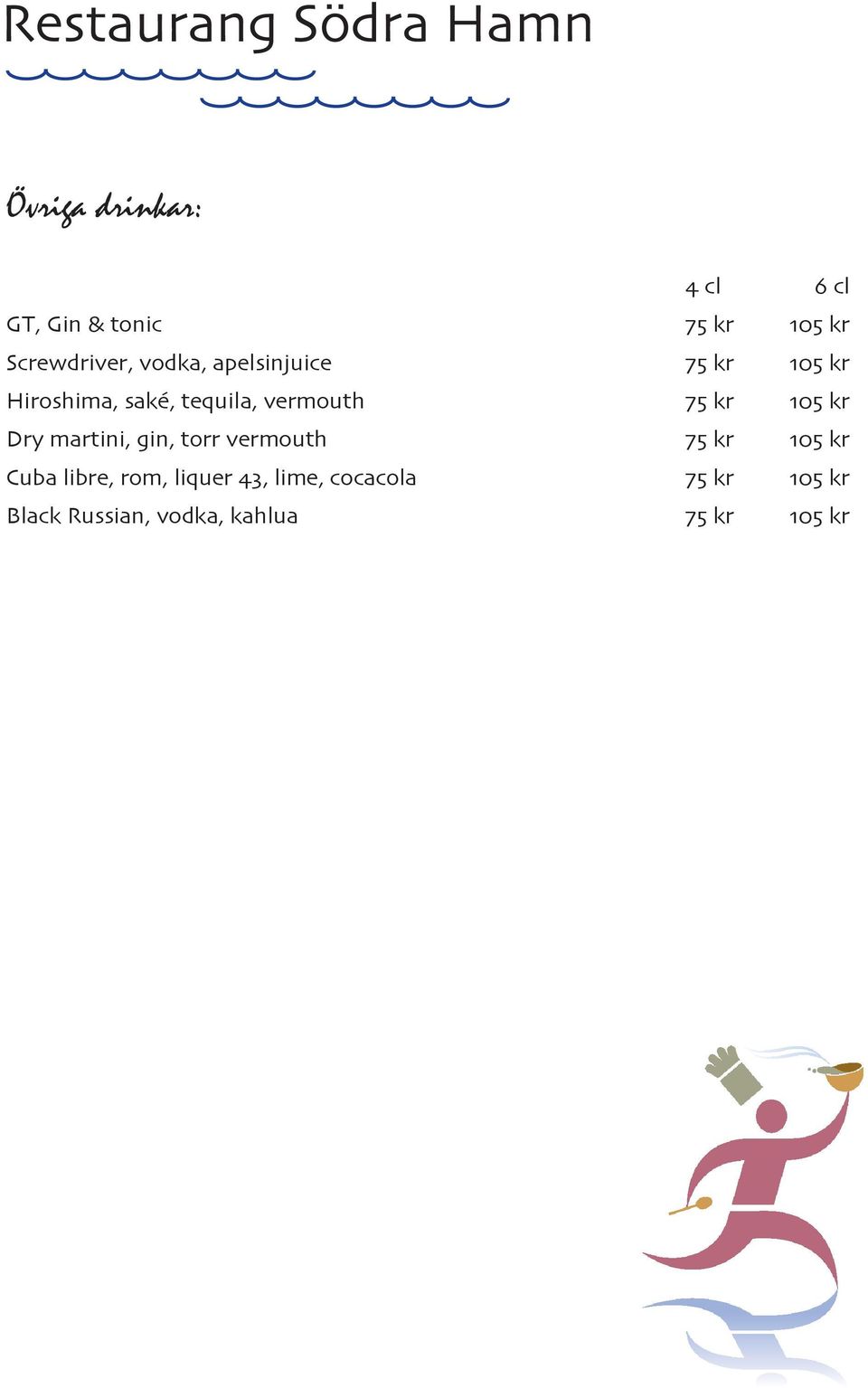 kr 105 kr Dry martini, gin, torr vermouth 75 kr 105 kr Cuba libre, rom,