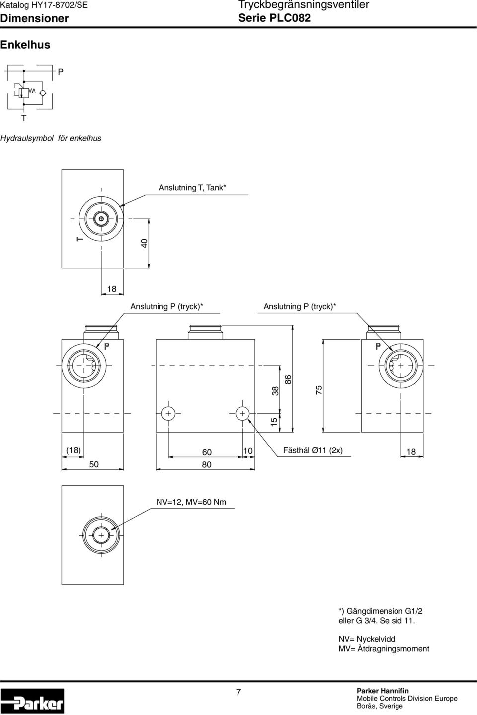 15 38 75 (18) 5 6 8 1 Fästhål Ø11 (2x) 18 NV=12, MV=6 Nm *) Gängdimension