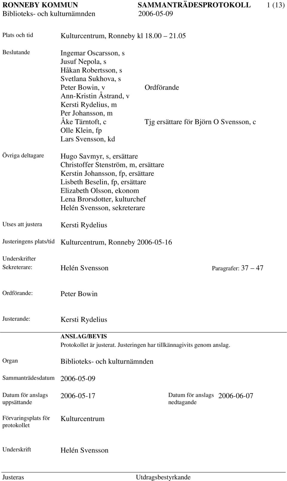 Lars Svensson, kd Ordförande Tjg ersättare för Björn O Svensson, c Övriga deltagare Utses att justera Hugo Savmyr, s, ersättare Christoffer Stenström, m, ersättare Kerstin Johansson, fp, ersättare