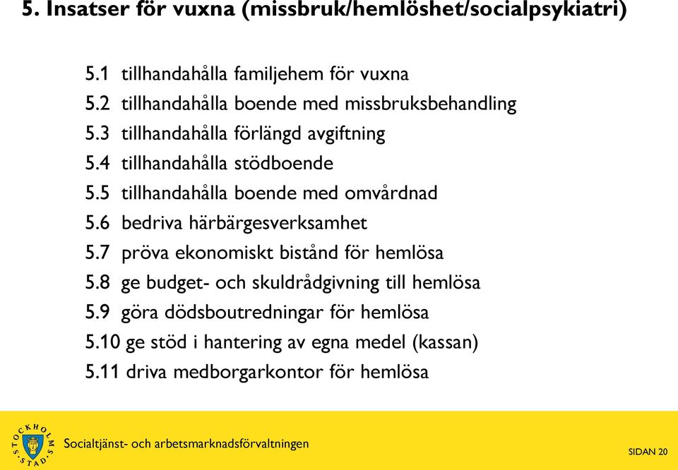 5 tillhandahålla boende med omvårdnad 5.6 bedriva härbärgesverksamhet 5.7 pröva ekonomiskt bistånd för hemlösa 5.