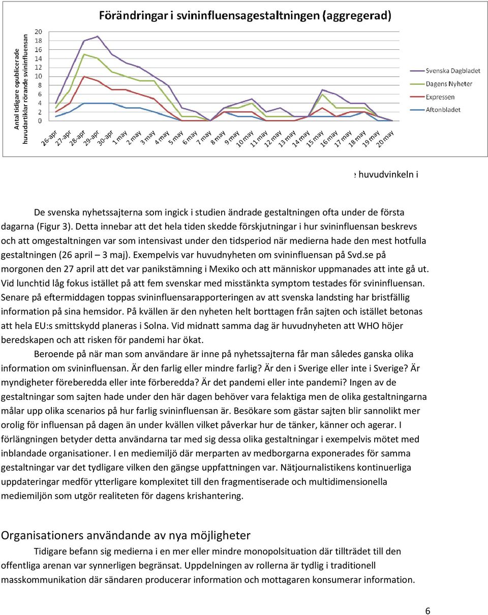 Detta innebar att det hela tiden skedde förskjutningar i hur svininfluensan beskrevs och att omgestaltningen var som intensivast under den tidsperiod när medierna hade den mest hotfulla gestaltningen