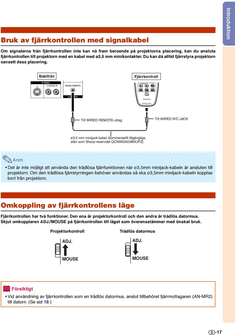 Bakifrån Fjärrkontroll Till WIRED REMOTE-uttag Till WIRED R/C JACK ø3,5 mm minijack kabel (kommersiellt tillgängliga eller som Sharp-reservdel QCNWGA038WJPZ) Det är inte möjligt att använda den