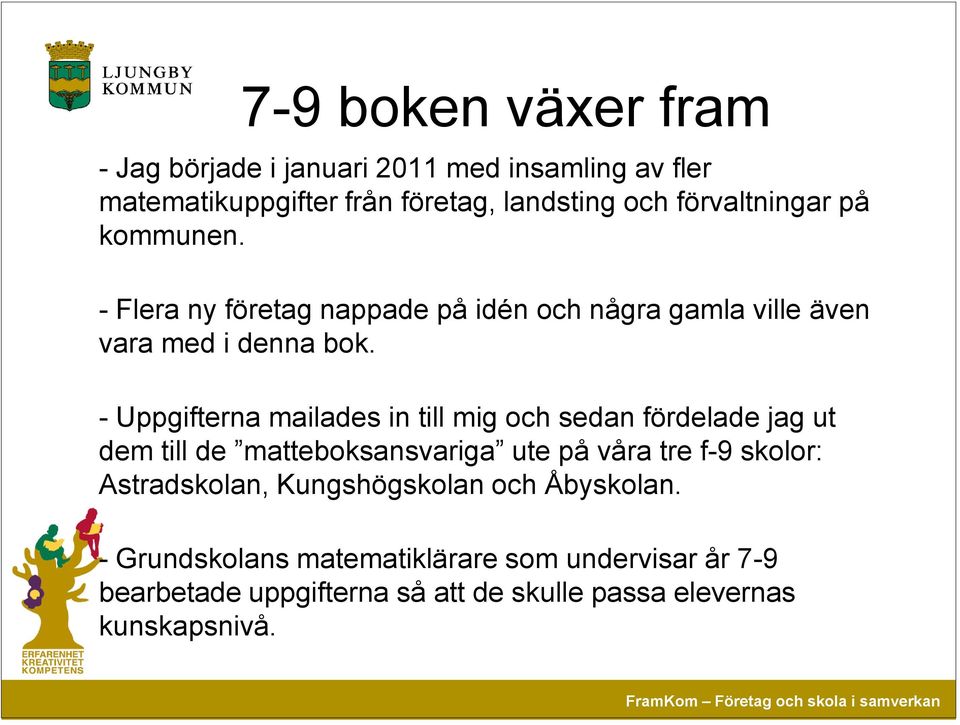 - Uppgifterna mailades in till mig och sedan fördelade jag ut dem till de matteboksansvariga ute på våra tre f-9 skolor: