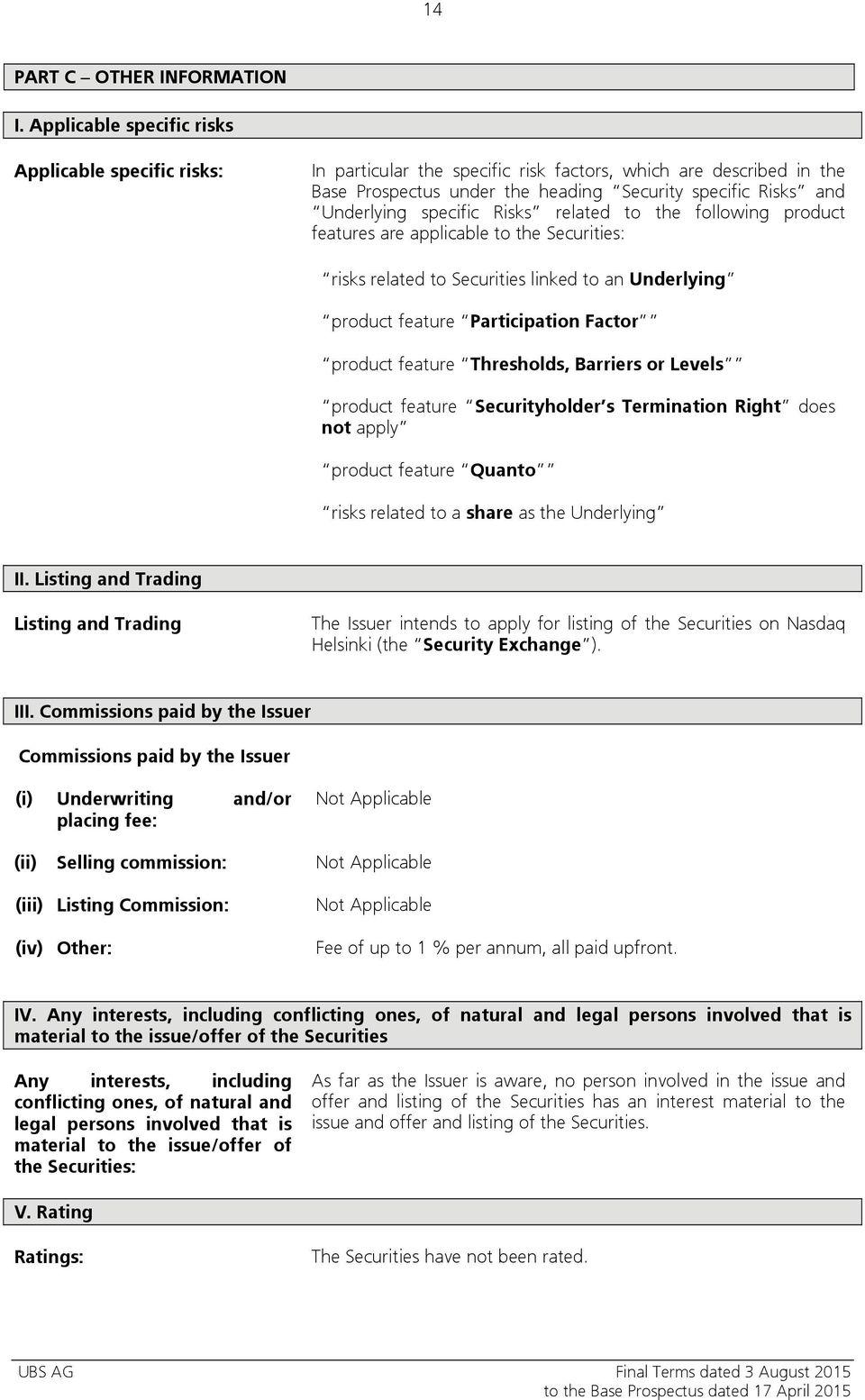 specific Risks related to the following product features are applicable to the Securities: risks related to Securities linked to an Underlying product feature Participation Factor product feature