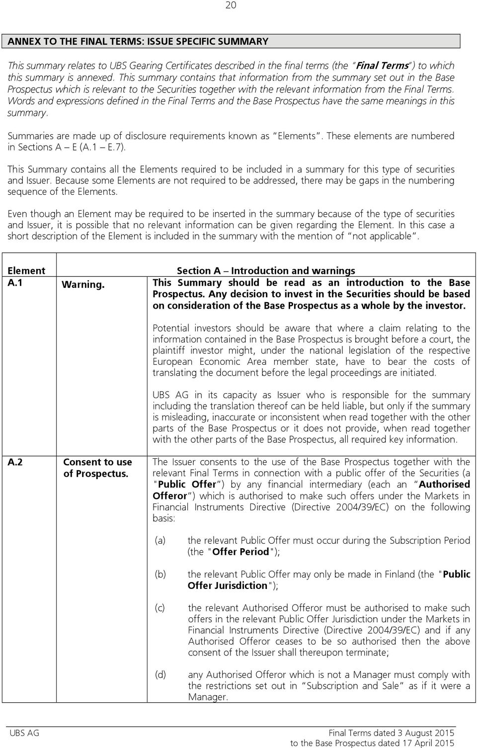 Words and expressions defined in the Final Terms and the Base Prospectus have the same meanings in this summary. Summaries are made up of disclosure requirements known as Elements.