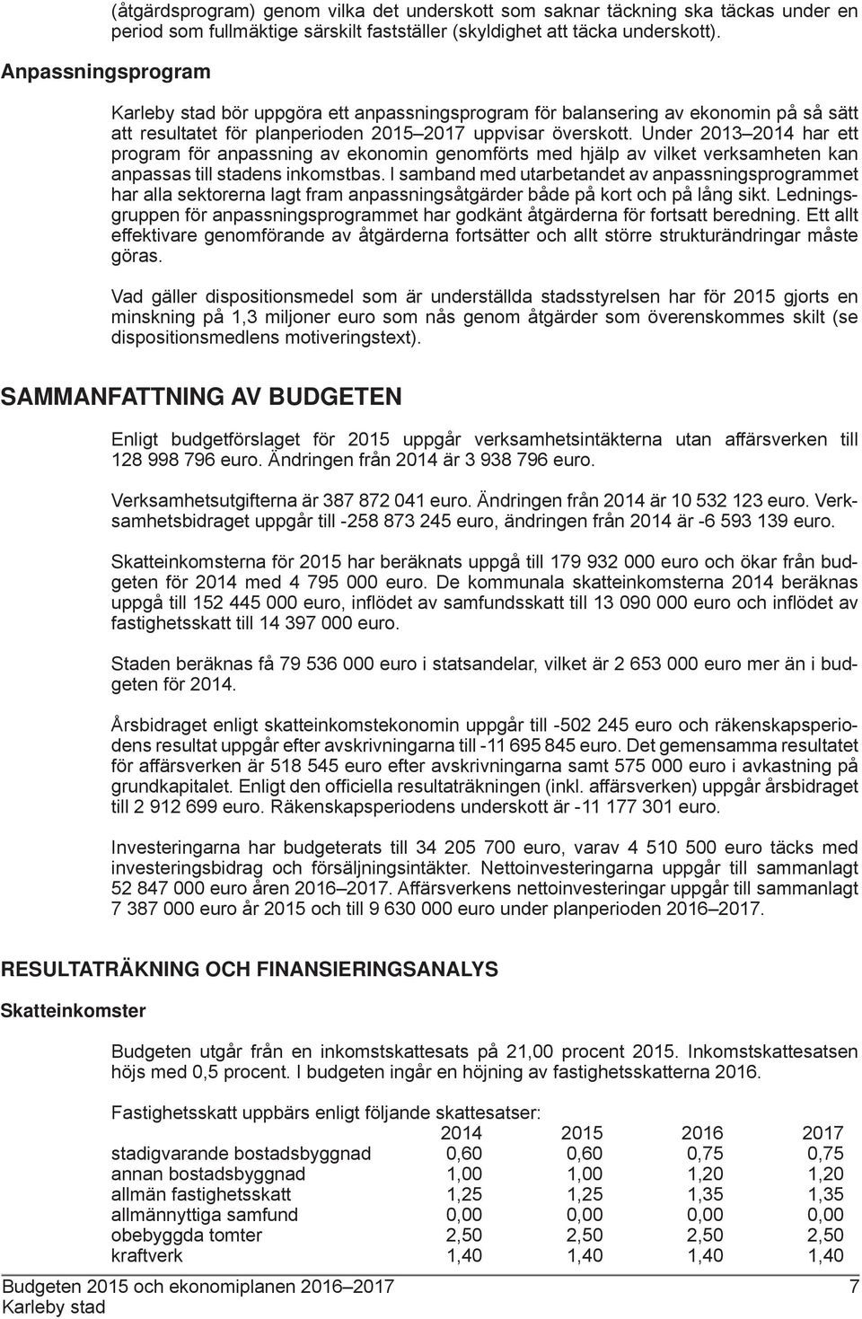 Under 2013 2014 har ett program för anpassning av ekonomin genomförts med hjälp av vilket verksamheten kan anpassas till stadens inkomstbas.