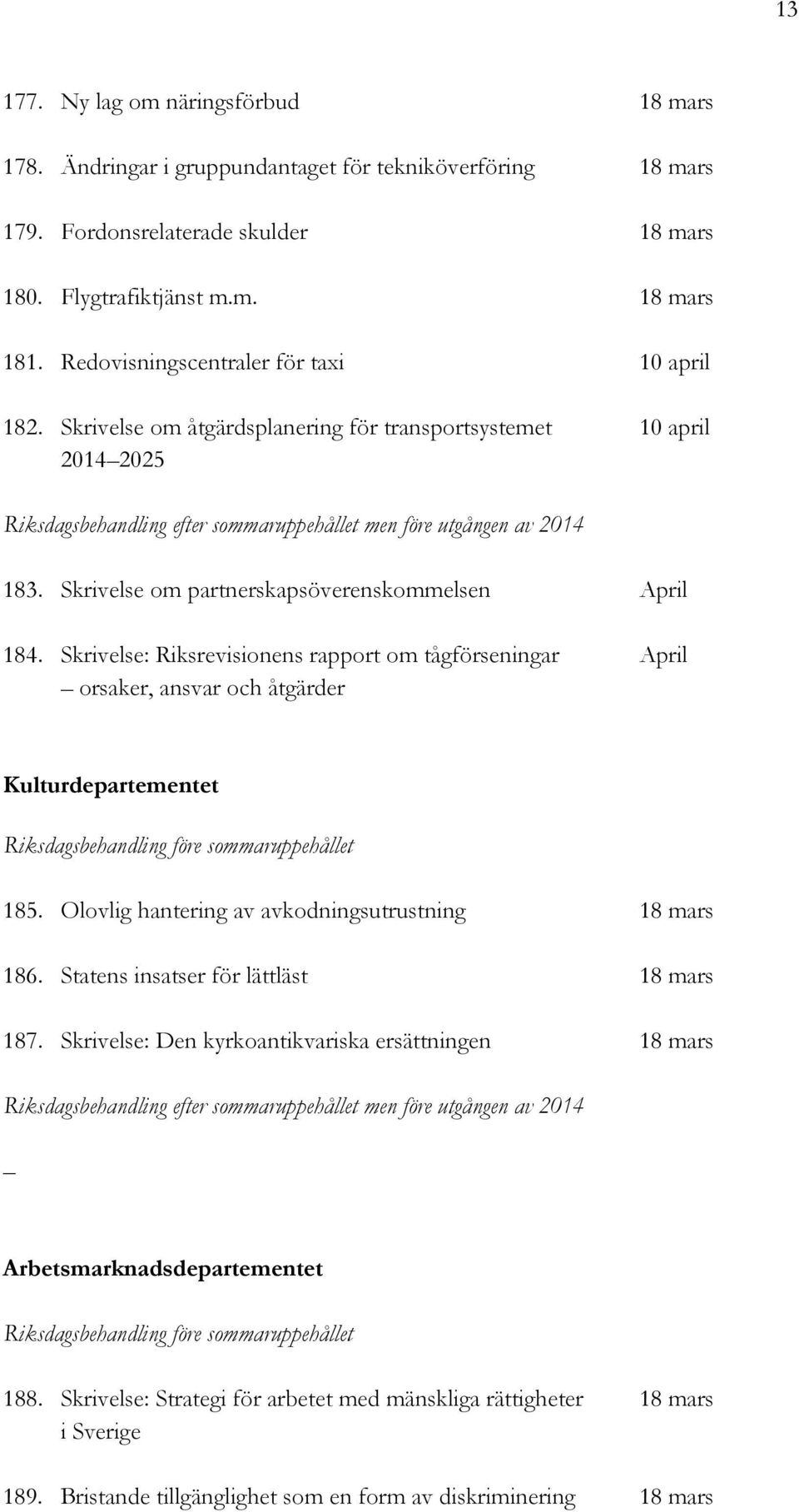 Skrivelse: Riksrevisionens rapport om tågförseningar April orsaker, ansvar och åtgärder Kulturdepartementet 185. Olovlig hantering av avkodningsutrustning 18 mars 186.