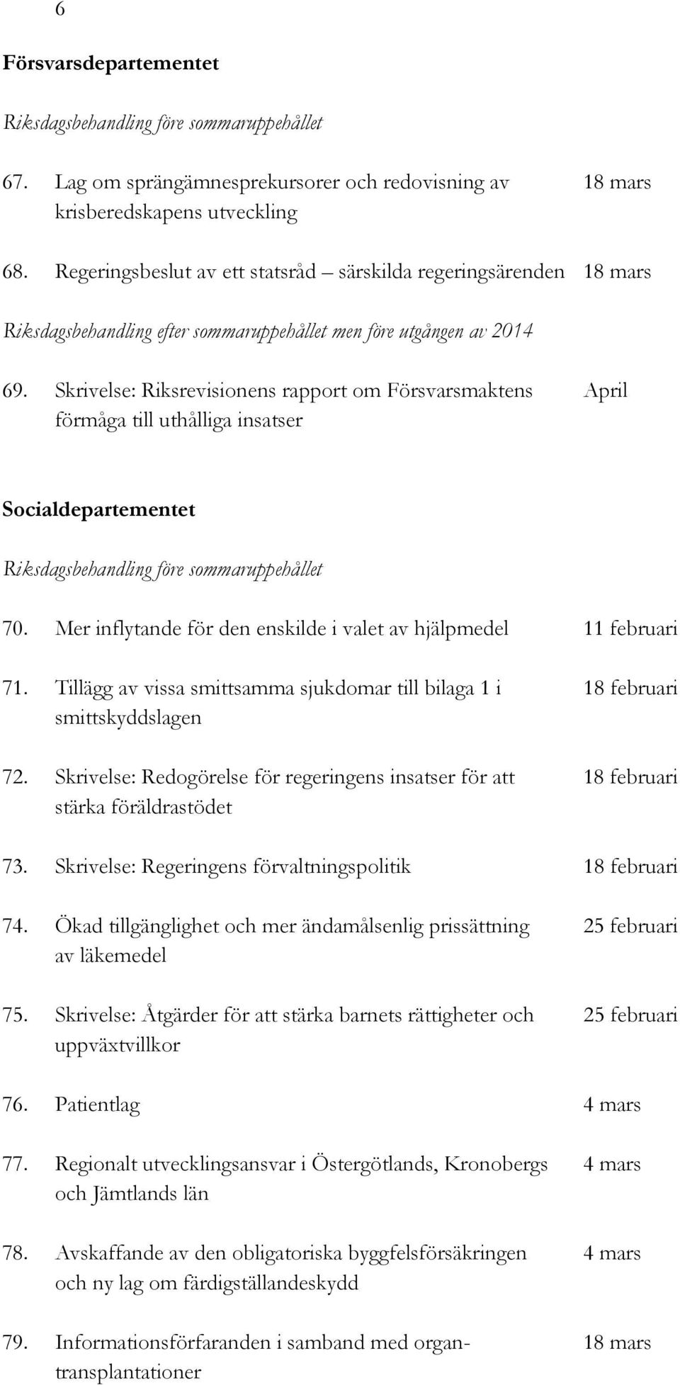 Tillägg av vissa smittsamma sjukdomar till bilaga 1 i 18 februari smittskyddslagen 72. Skrivelse: Redogörelse för regeringens insatser för att 18 februari stärka föräldrastödet 73.