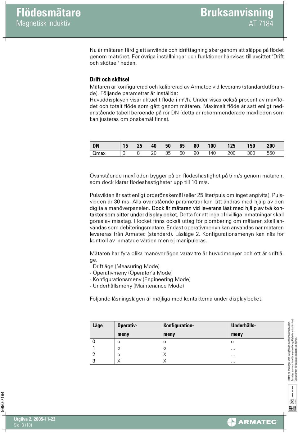 Under visas också procent av maxflödet och totalt flöde som gått genom mätaren.