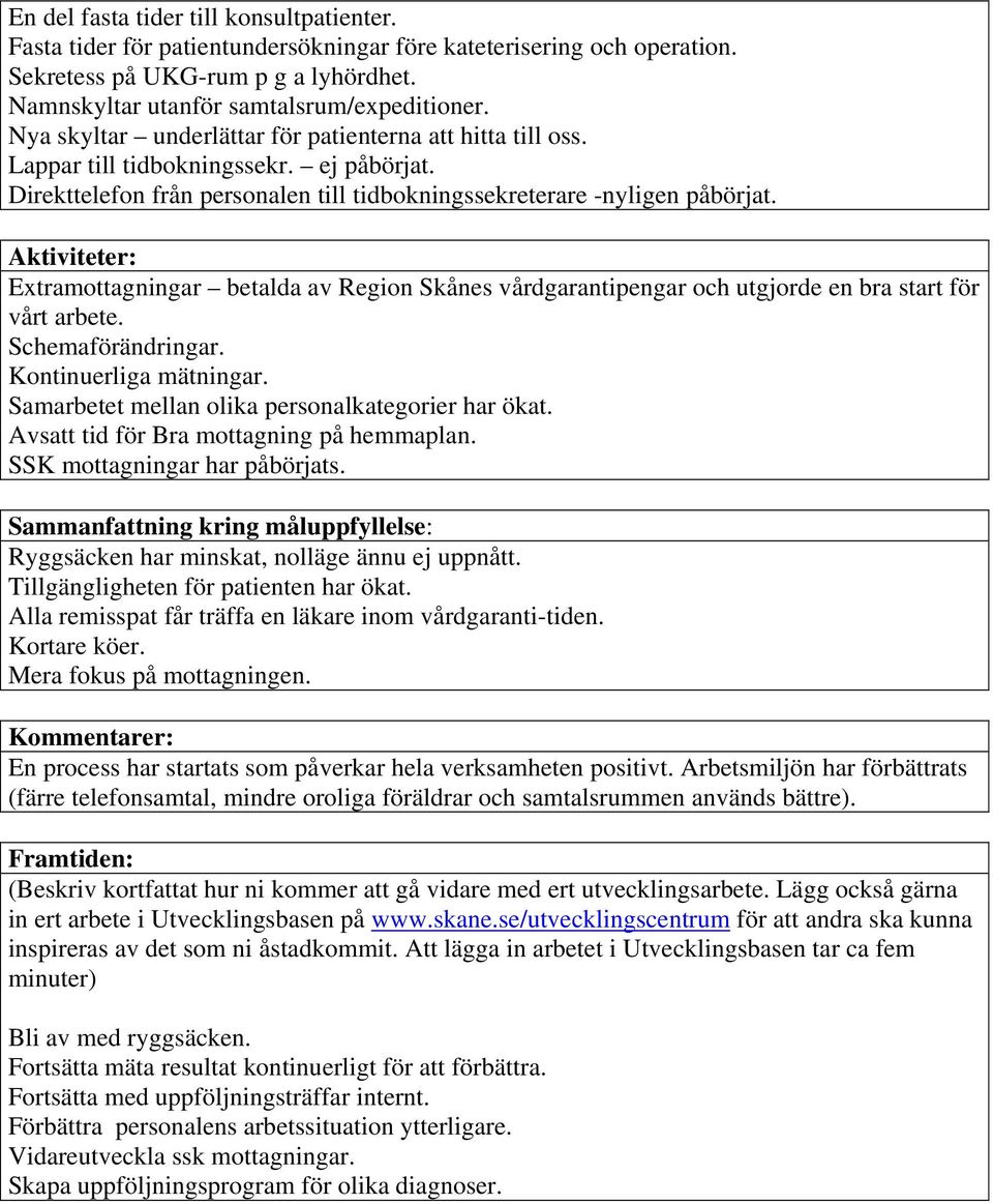 Aktiviteter: Extramottagningar betalda av Region Skånes vårdgarantipengar och utgjorde en bra start för vårt arbete. Schemaförändringar. Kontinuerliga mätningar.