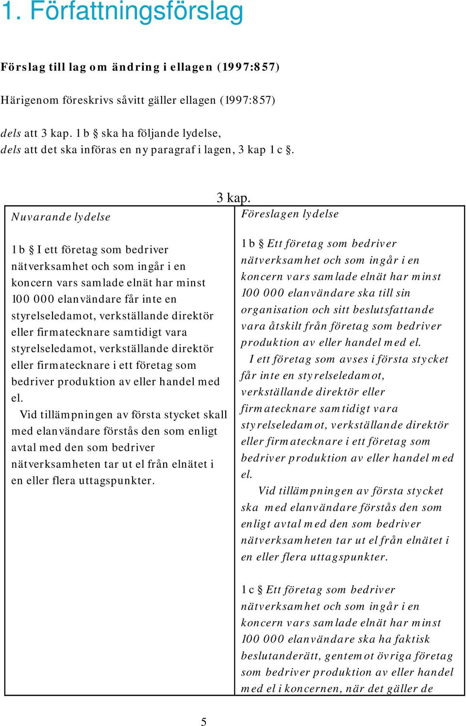 Föreslagen lydelse 1 b I ett företag som bedriver nätverksamhet och som ingår i en koncern vars samlade elnät har minst 100 000 elanvändare får inte en styrelseledamot, verkställande direktör eller