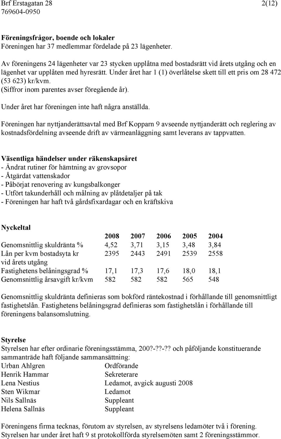 Under året har 1 (1) överlåtelse skett till ett pris om 28 472 (53 623) kr/kvm. (Siffror inom parentes avser föregående år). Under året har föreningen inte haft några anställda.