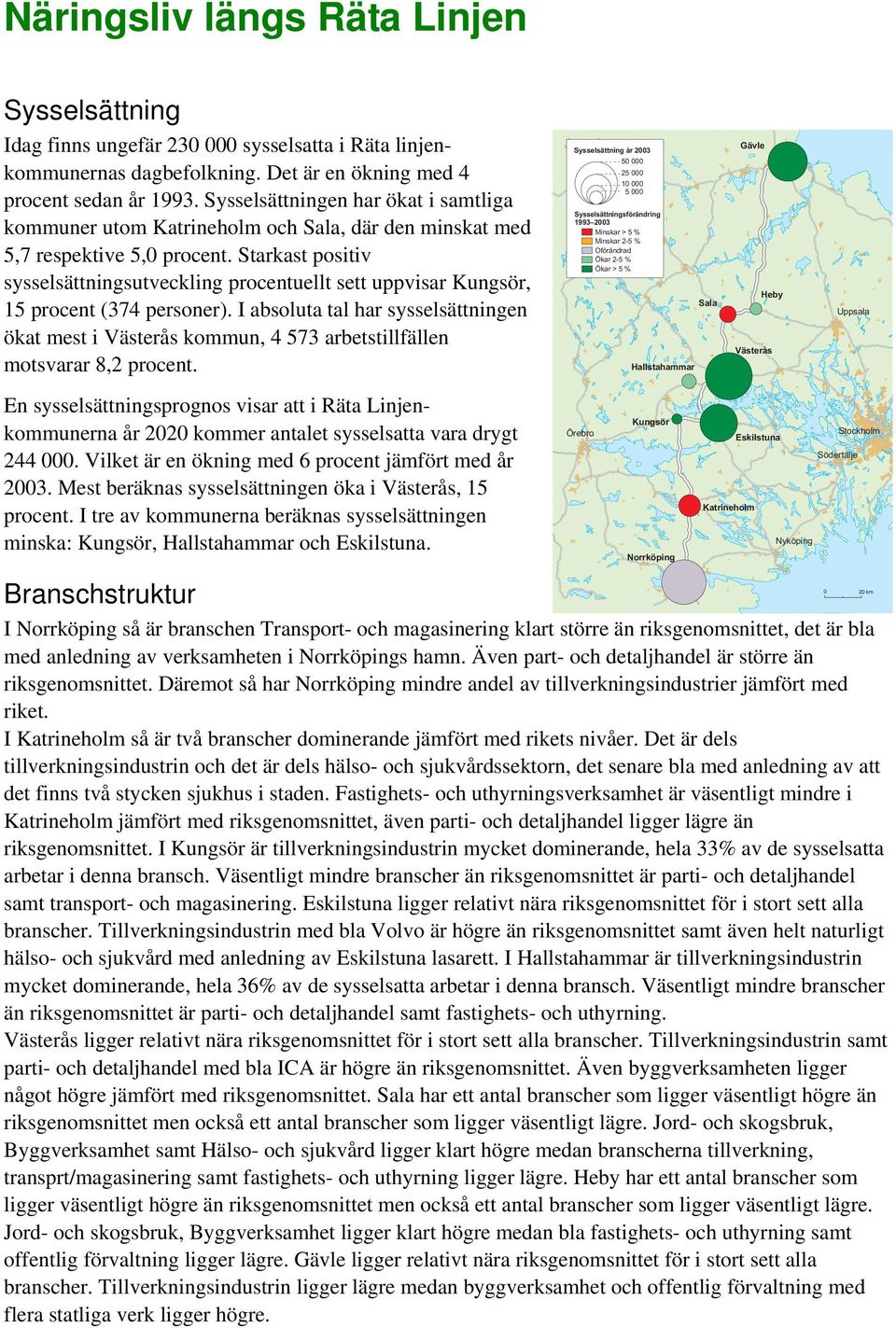 Starkast positiv sysselsättningsutveckling procentuellt sett uppvisar, 15 procent (374 personer). I absoluta tal har sysselsättningen ökat mest i kommun, 4 573 arbetstillfällen motsvarar 8,2 procent.