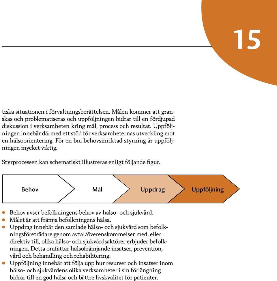 Styrprocessen kan schematiskt illustreras enligt följande figur. Behov Mål Uppdrag Uppföljning Behov avser befolkningens behov av hälso- och sjukvård. Målet är att främja befolkningens hälsa.