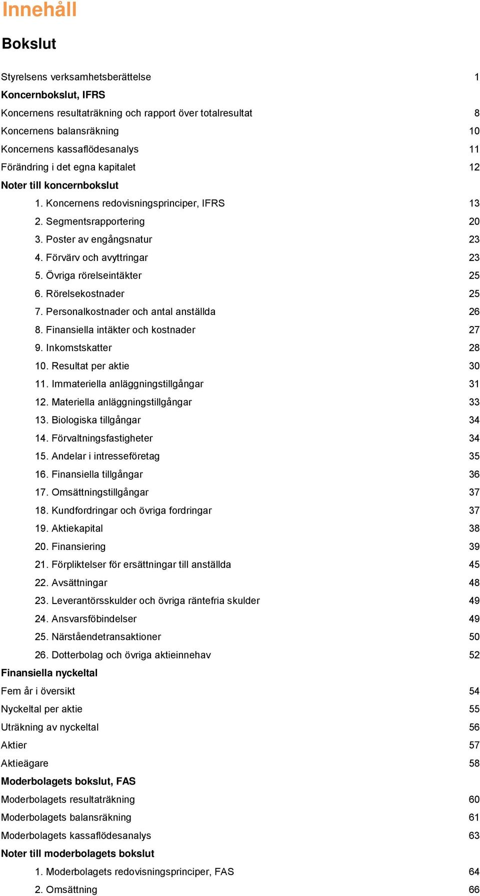 Övriga rörelseintäkter 25 6. Rörelsekostnader 25 7. Personalkostnader och antal anställda 26 8. Finansiella intäkter och kostnader 27 9. Inkomstskatter 28 10. Resultat per aktie 30 11.