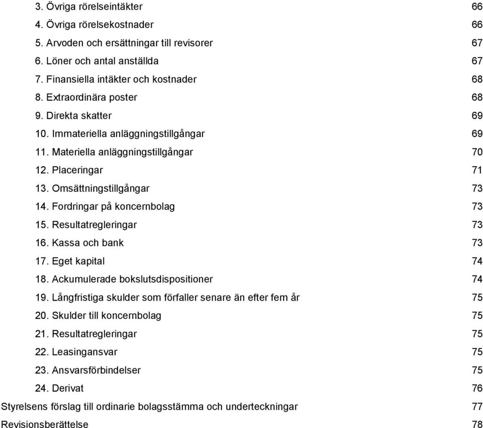 Fordringar på koncernbolag 73 15. Resultatregleringar 73 16. Kassa och bank 73 17. Eget kapital 74 18. Ackumulerade bokslutsdispositioner 74 19.