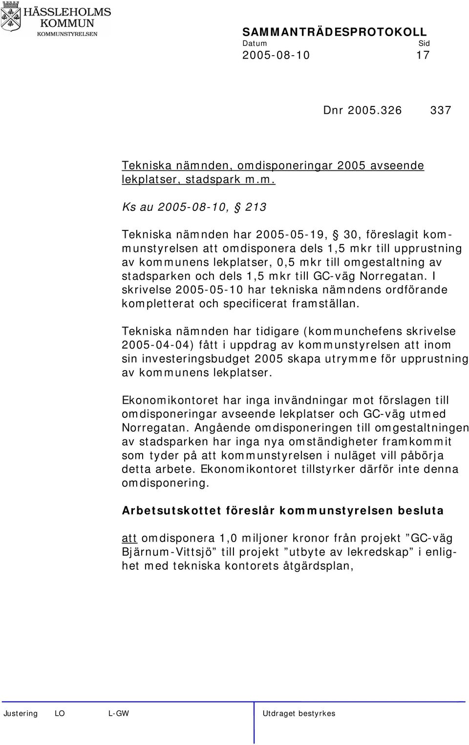 isponeringar 2005 avseende lekplatser, stadspark m.