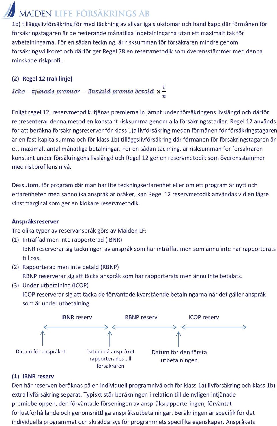 (2) Regel 12 (rak linje) Enligt regel 12, reservmetodik, tjänas premierna in jämnt under försäkringens livslängd och därför representerar denna metod en konstant risksumma genom alla