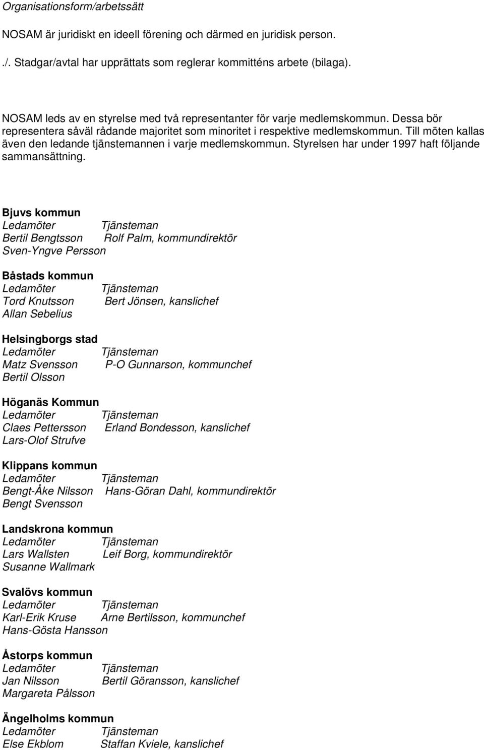 Till möten kallas även den ledande tjänstemannen i varje medlemskommun. Styrelsen har under 1997 haft följande sammansättning.