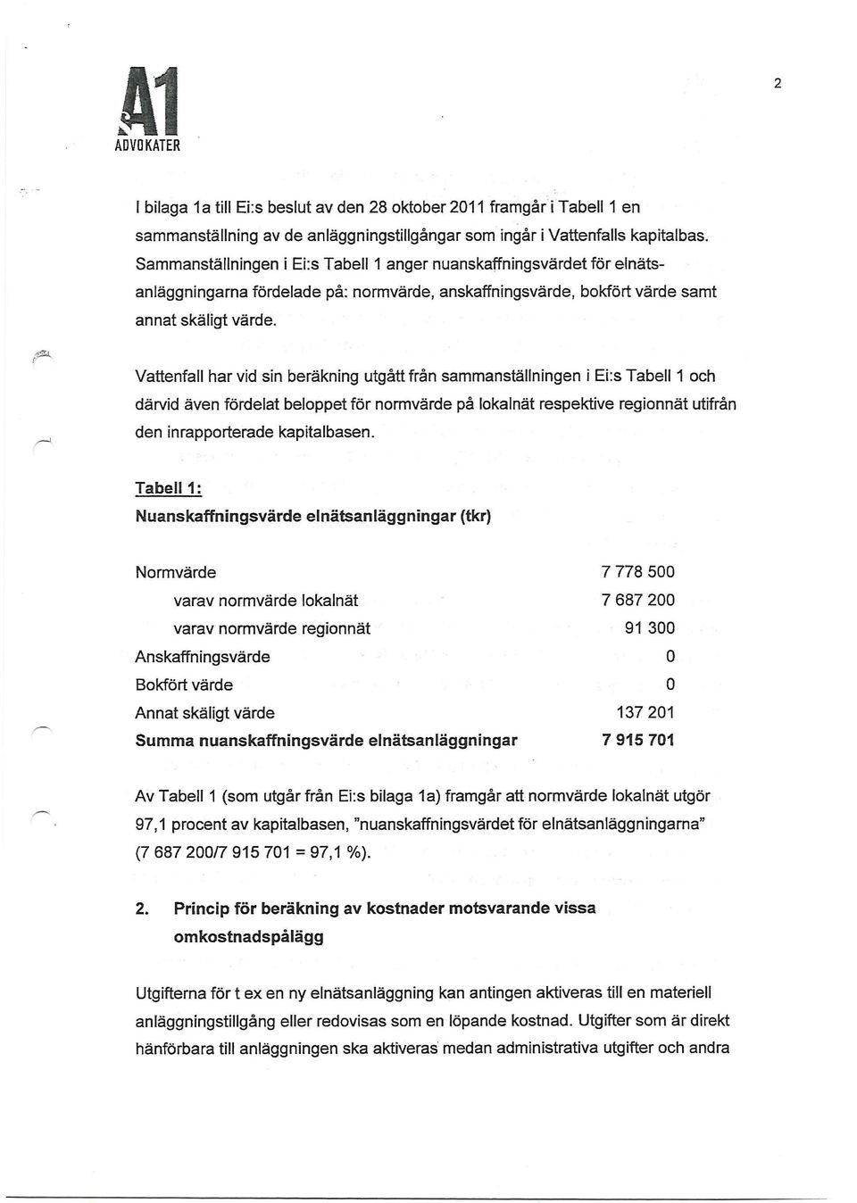 Vattenfall har vid sin beräkning utgått från sammanställningen i Ei:s Tabell 1 och därvid även fördelat beloppet för normvärde på lokalnät respektive regionnät utifrån den inrapporterade kapitalbasen.