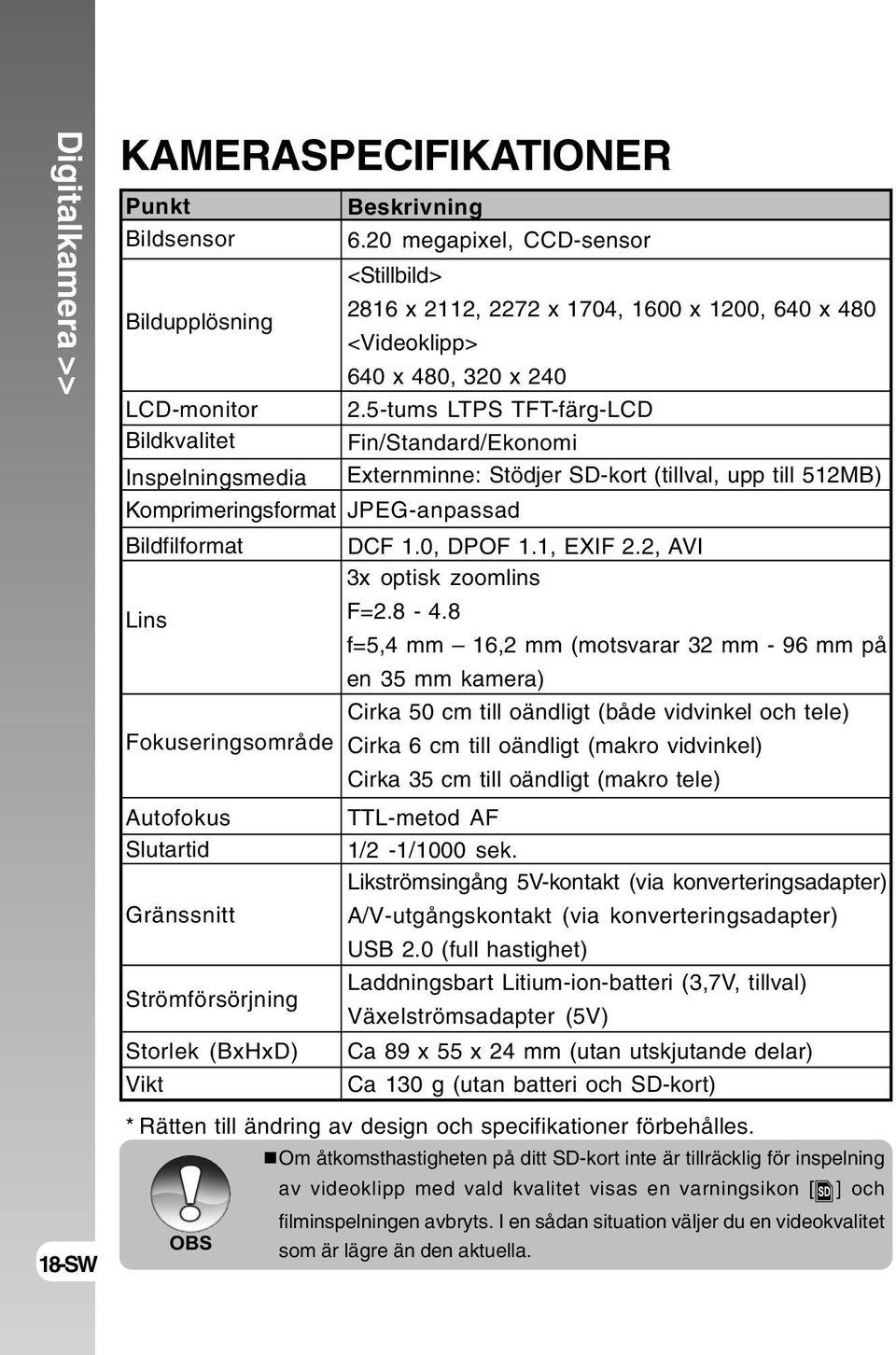 5-tums LTPS TFT-färg-LCD Bildkvalitet Fin/Standard/Ekonomi Inspelningsmedia Externminne: Stödjer SD-kort (tillval, upp till 512MB) Komprimeringsformat JPEG-anpassad Bildfilformat DCF 1.0, DPOF 1.