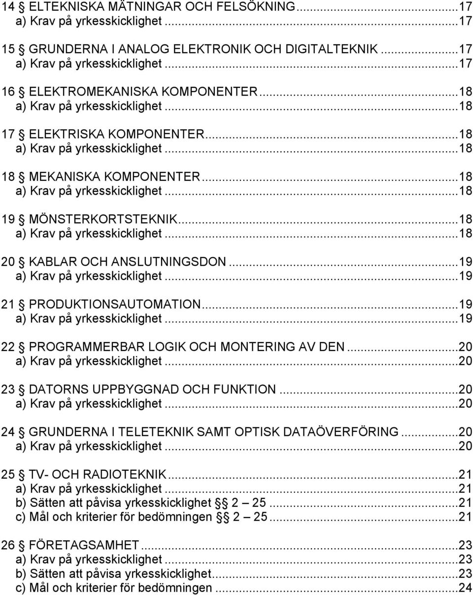 .. 20... 20 24 GRUNDERNA I TELETEKNIK SAMT OPTISK DATAÖVERFÖRING... 20... 20 25 TV- OCH RADIOTEKNIK... 21... 21 b) Sätten att påvisa yrkesskicklighet 2 25.