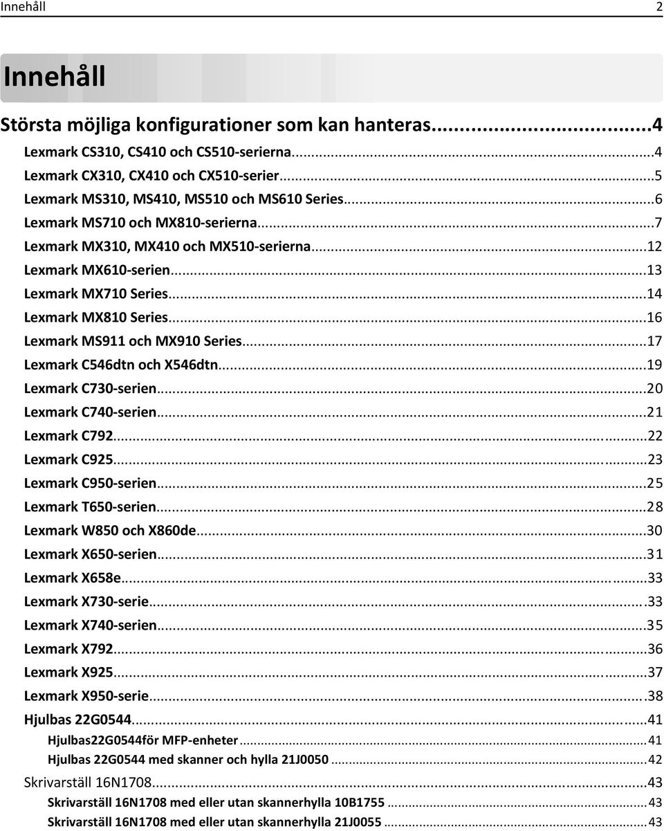 ..14 Lexmark MX810 Series...16 Lexmark MS911 och MX910 Series...17 Lexmark C546dtn och X546dtn...19 Lexmark C730-serien...20 Lexmark C740-serien...21 Lexmark C792...22 Lexmark C925.