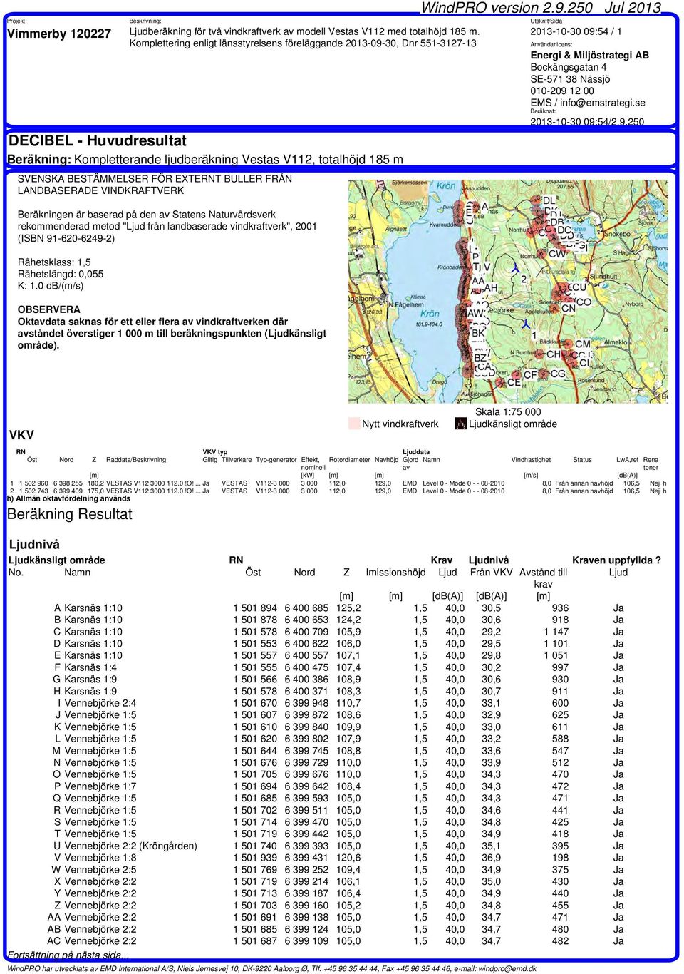 EXTERNT BULLER FRÅN LANDBASERADE VINDKRAFTVERK Beräkningen är baserad på den av Statens Naturvårdsverk rekommenderad metod "Ljud från landbaserade vindkraftverk", 2001 (ISBN 91-620-6249-2)