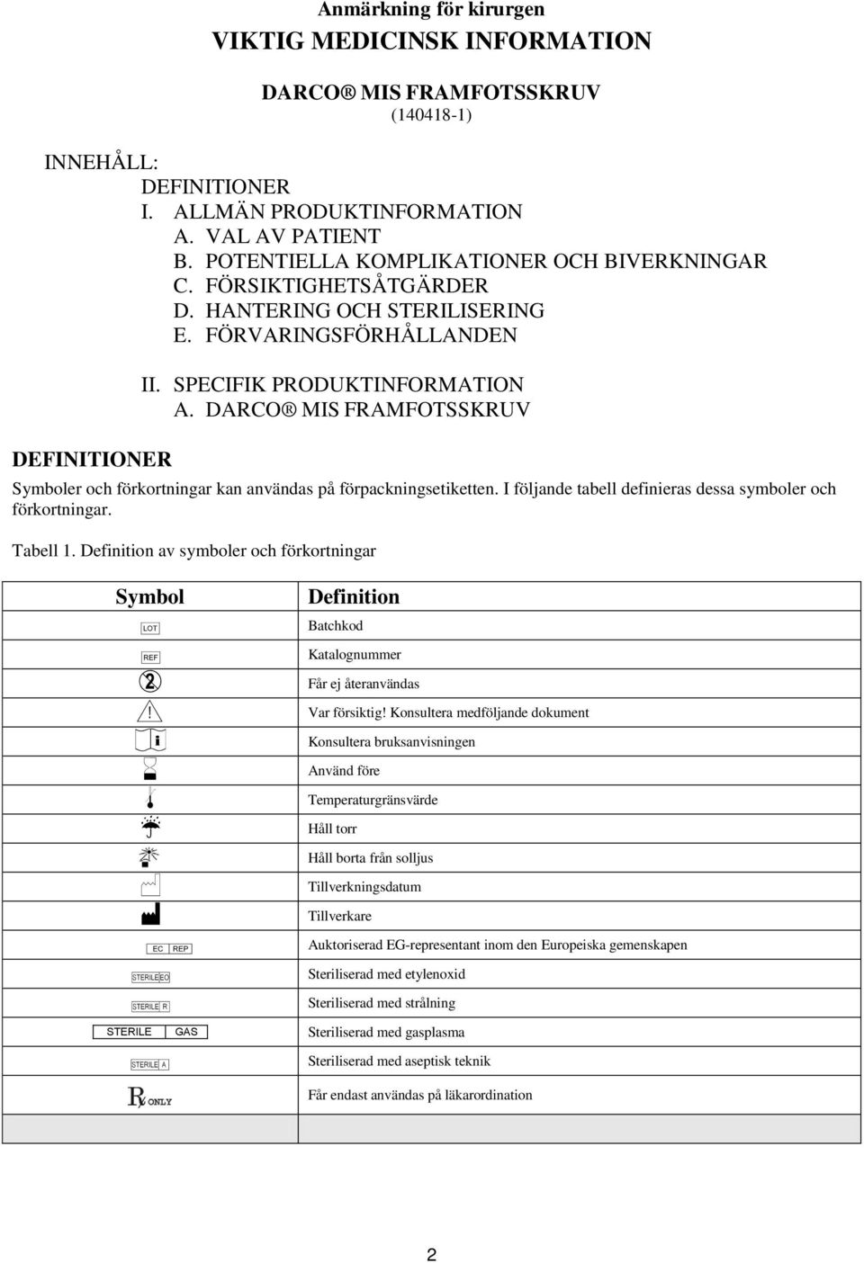 DARCO MIS FRAMFOTSSKRUV Symboler och förkortningar kan användas på förpackningsetiketten. I följande tabell definieras dessa symboler och förkortningar. Tabell 1.