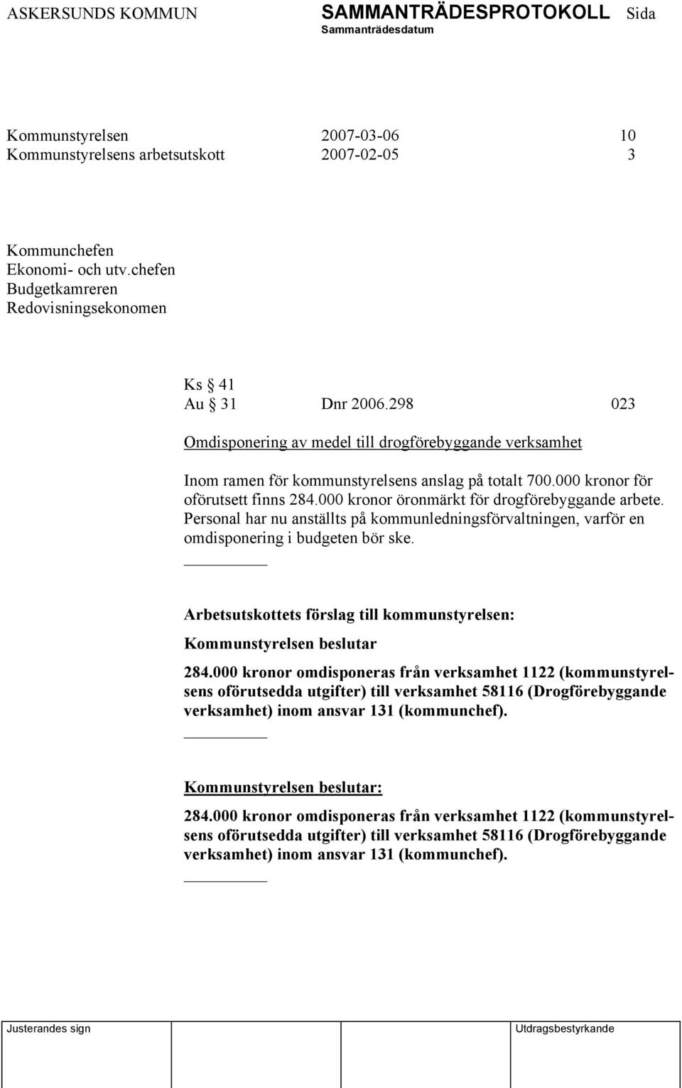 000 kronor öronmärkt för drogförebyggande arbete. Personal har nu anställts på kommunledningsförvaltningen, varför en omdisponering i budgeten bör ske. 284.