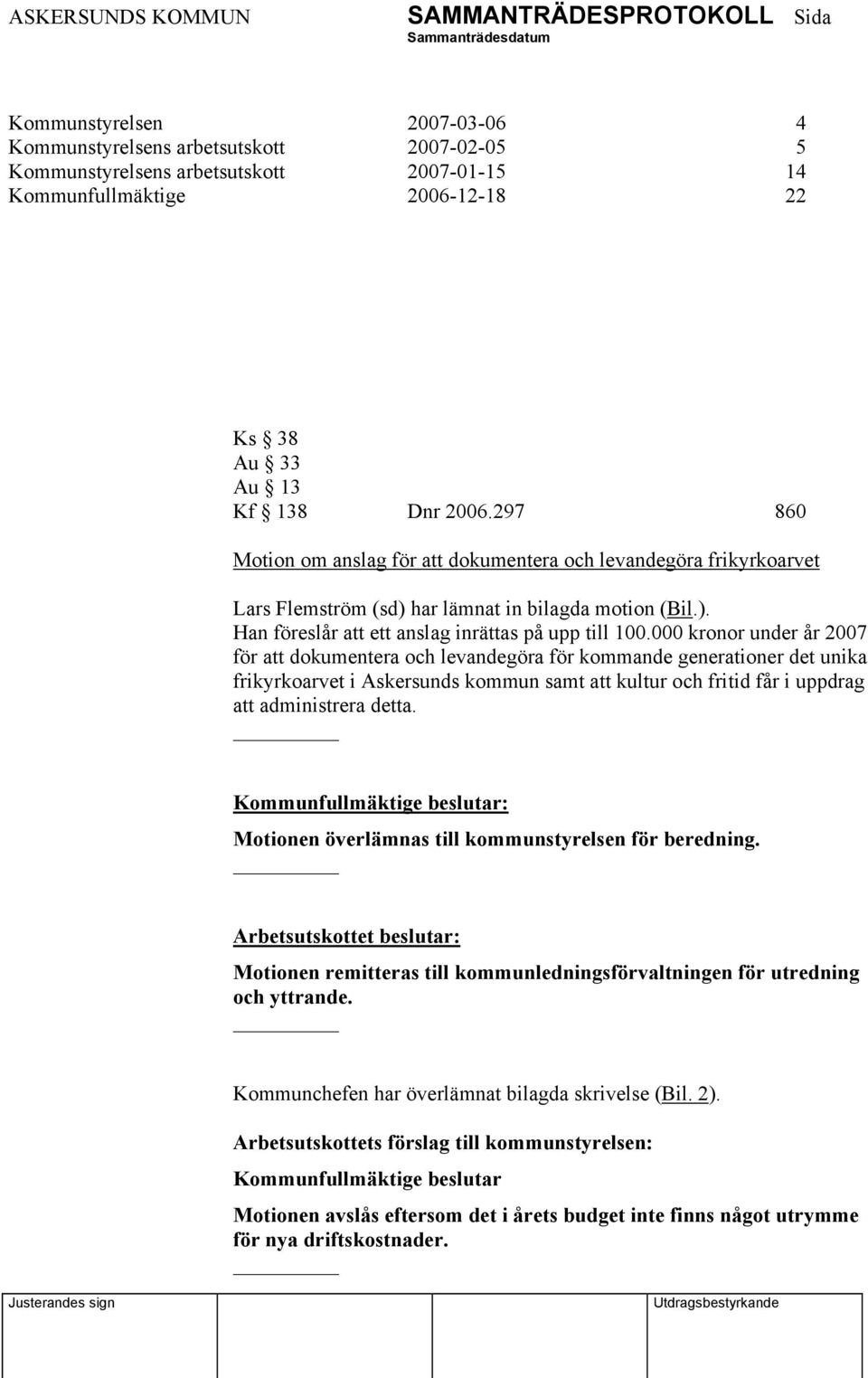 000 kronor under år 2007 för att dokumentera och levandegöra för kommande generationer det unika frikyrkoarvet i Askersunds kommun samt att kultur och fritid får i uppdrag att administrera detta.