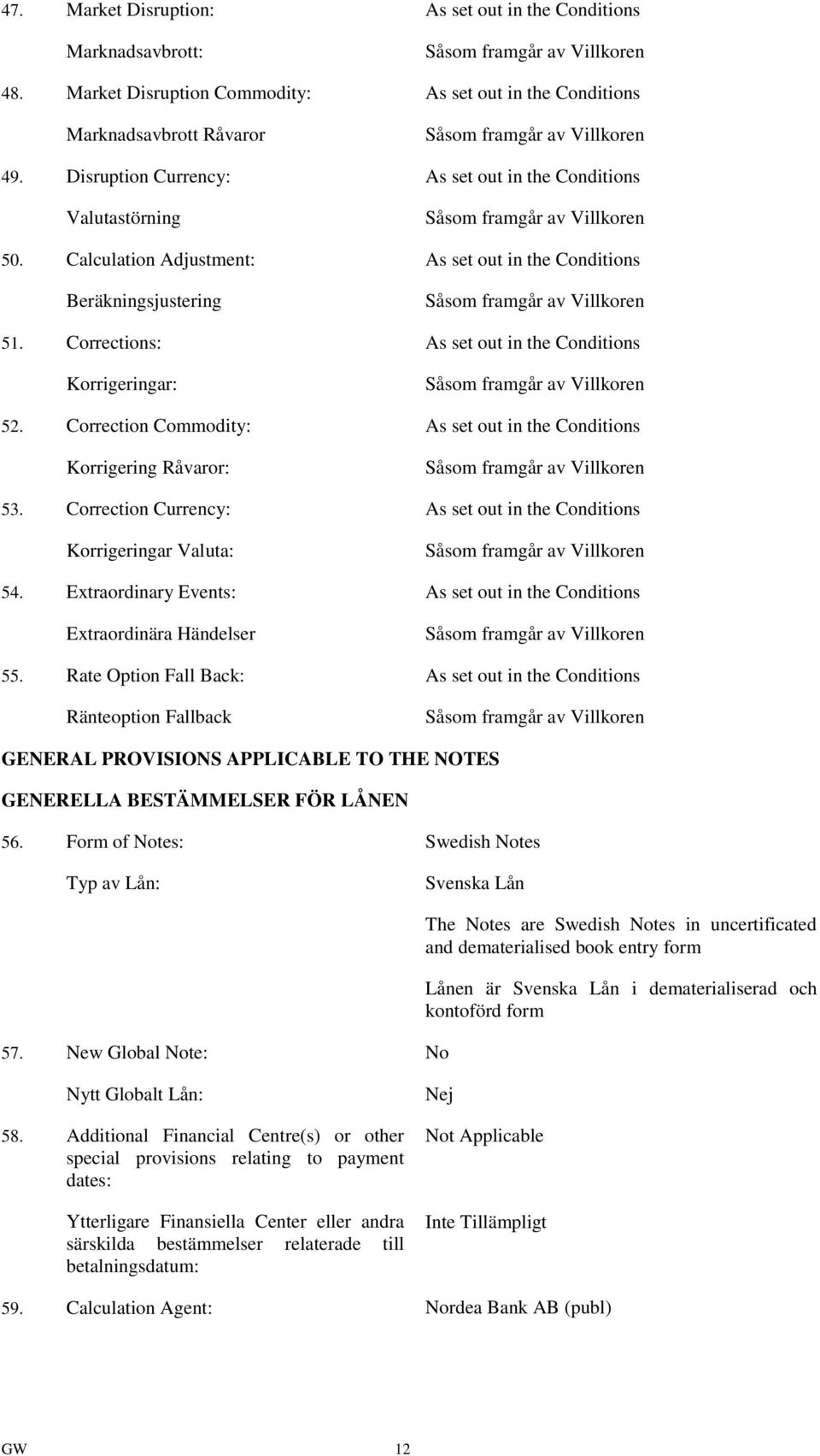 Disruption Currency: As set out in the Conditions Valutastörning Såsom framgår av Villkoren 50. Calculation Adjustment: As set out in the Conditions Beräkningsjustering Såsom framgår av Villkoren 51.