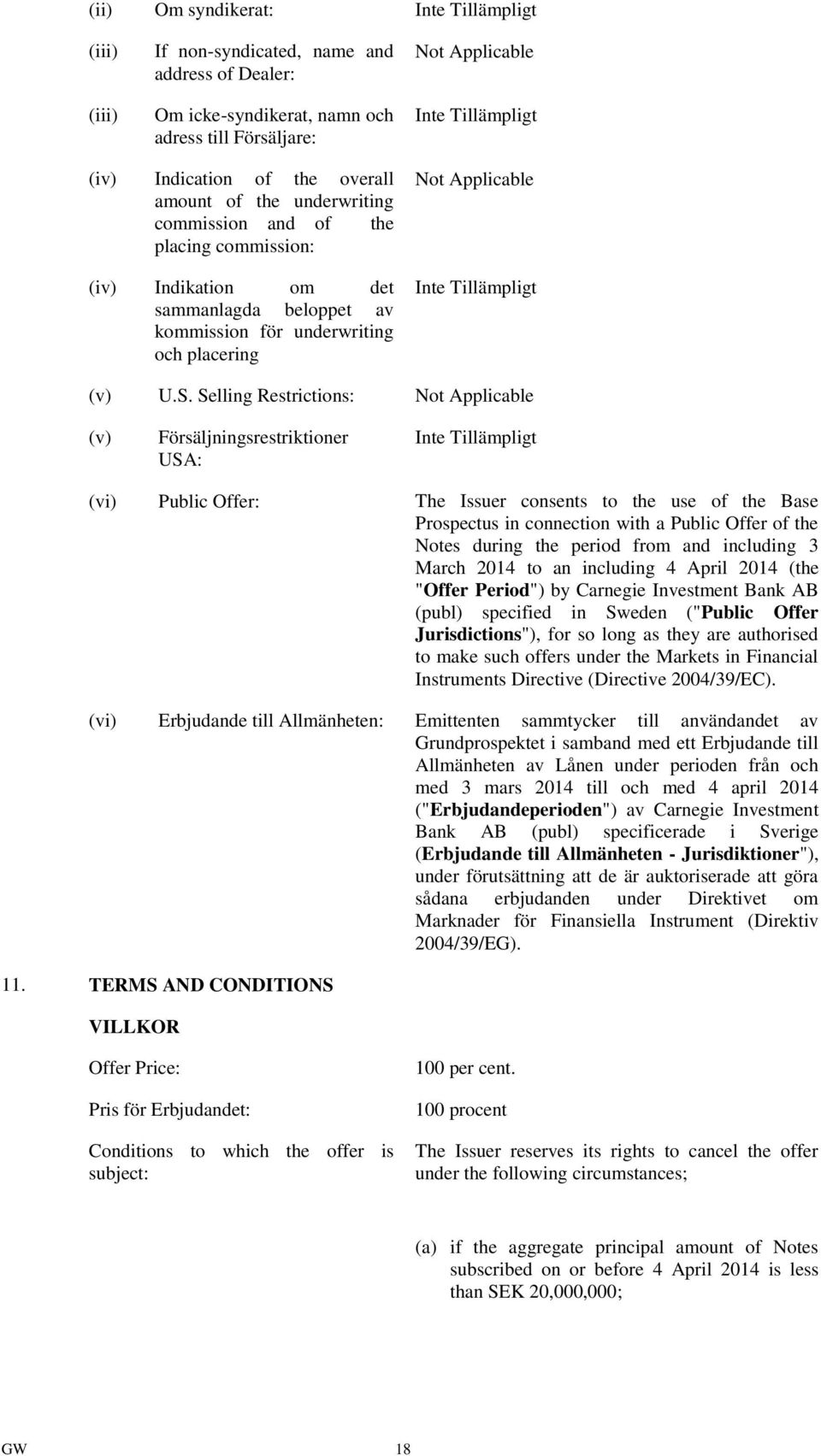 Selling Restrictions: Not Applicable (v) Försäljningsrestriktioner USA: (vi) Public Offer: The Issuer consents to the use of the Base Prospectus in connection with a Public Offer of the Notes during