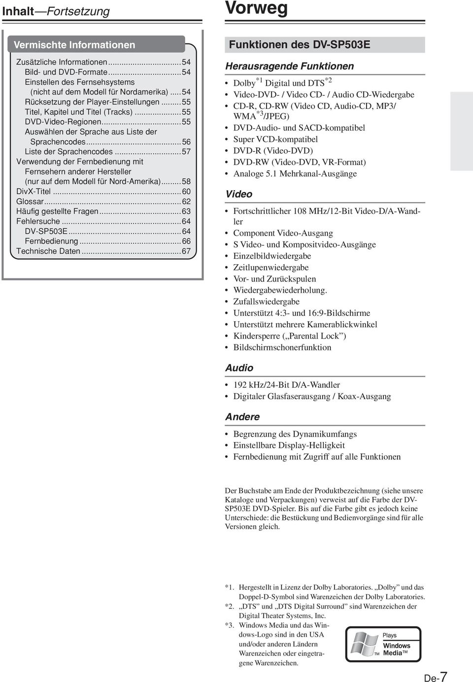 ..57 Verwendung der Fernbedienung mit Fernsehern anderer Hersteller (nur auf dem Modell für Nord-Amerika)...58 DivX-Titel...60 Glossar...6 Häufig gestellte Fragen...63 Fehlersuche...64 DV-SP503E.