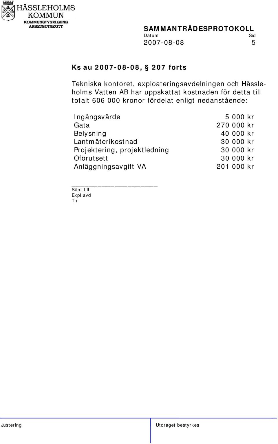 enligt nedanstående: Ingångsvärde Gata Belysning Lantmäterikostnad Projektering, projektledning