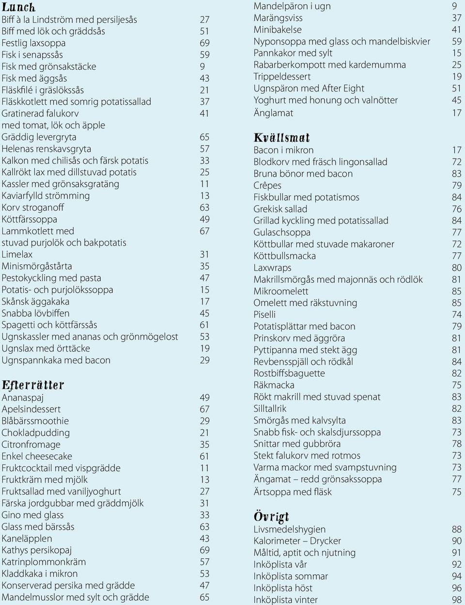 25 Kassler med grönsaksgratäng 11 Kaviarfylld strömming 13 Korv stroganoff 63 Köttfärssoppa 49 Lammkotlett med 67 stuvad purjolök och bakpotatis Limelax 31 Minismörgåstårta 35 Pestokyckling med pasta