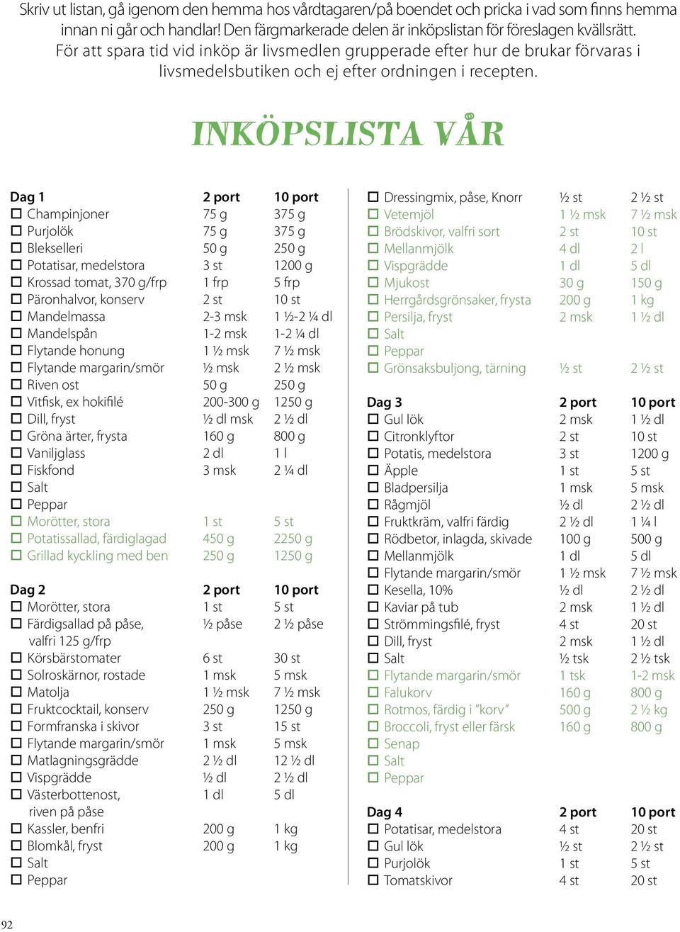 Inköpslista vår Dag 1 2 port 10 port Champinjoner 75 g 375 g Purjolök 75 g 375 g Blekselleri 50 g 250 g Potatisar, medelstora 3 st 1200 g Krossad tomat, 370 g/frp 1 frp 5 frp Päronhalvor, konserv 2