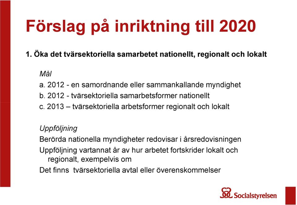 2013 tvärsektoriella arbetsformer regionalt och lokalt Uppföljning Berörda nationella myndigheter redovisar i