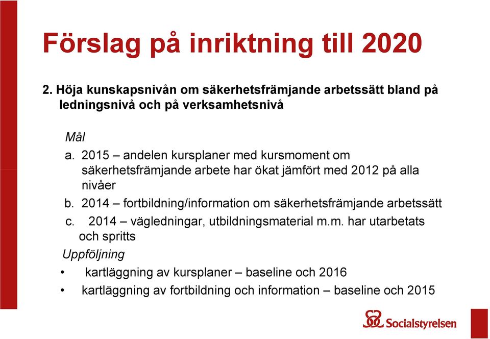 2015 andelen kursplaner med kursmoment om säkerhetsfrämjande arbete har ökat jämfört med 2012 på alla nivåer b.