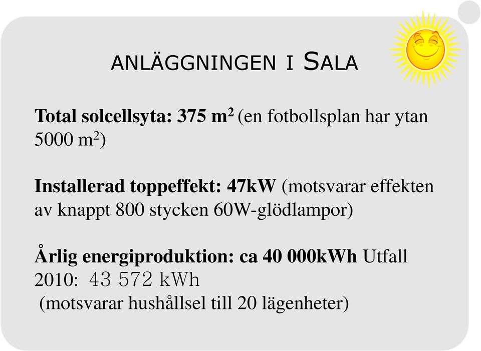 knappt 800 stycken 60W-glödlampor) Årlig energiproduktion: ca 40