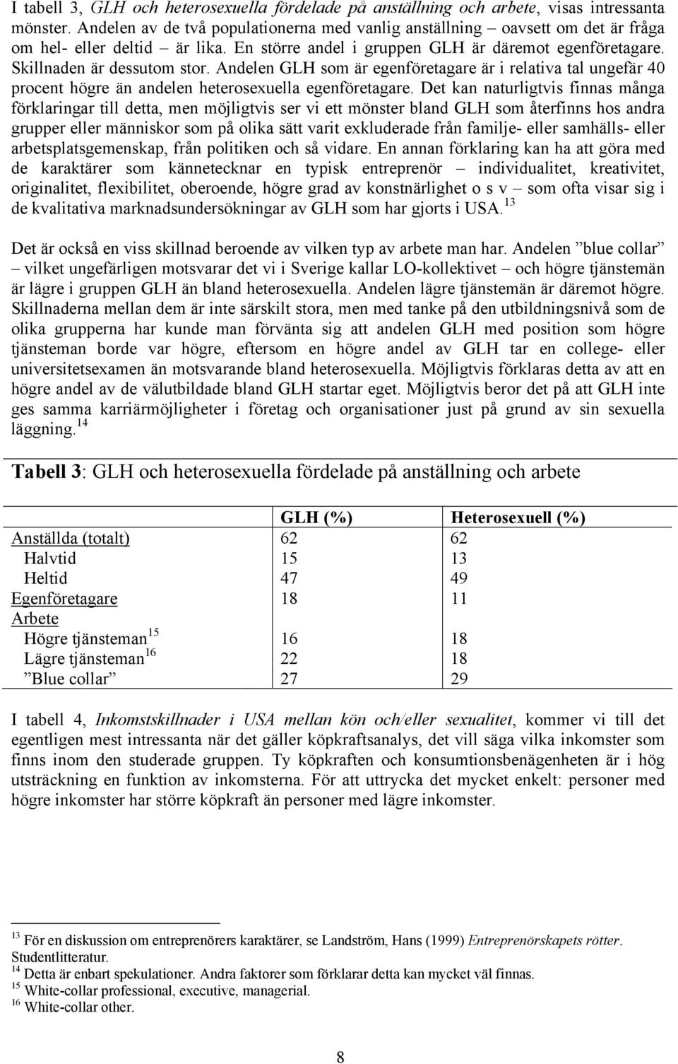 Andelen GLH som är egenföretagare är i relativa tal ungefär 40 procent högre än andelen heterosexuella egenföretagare.