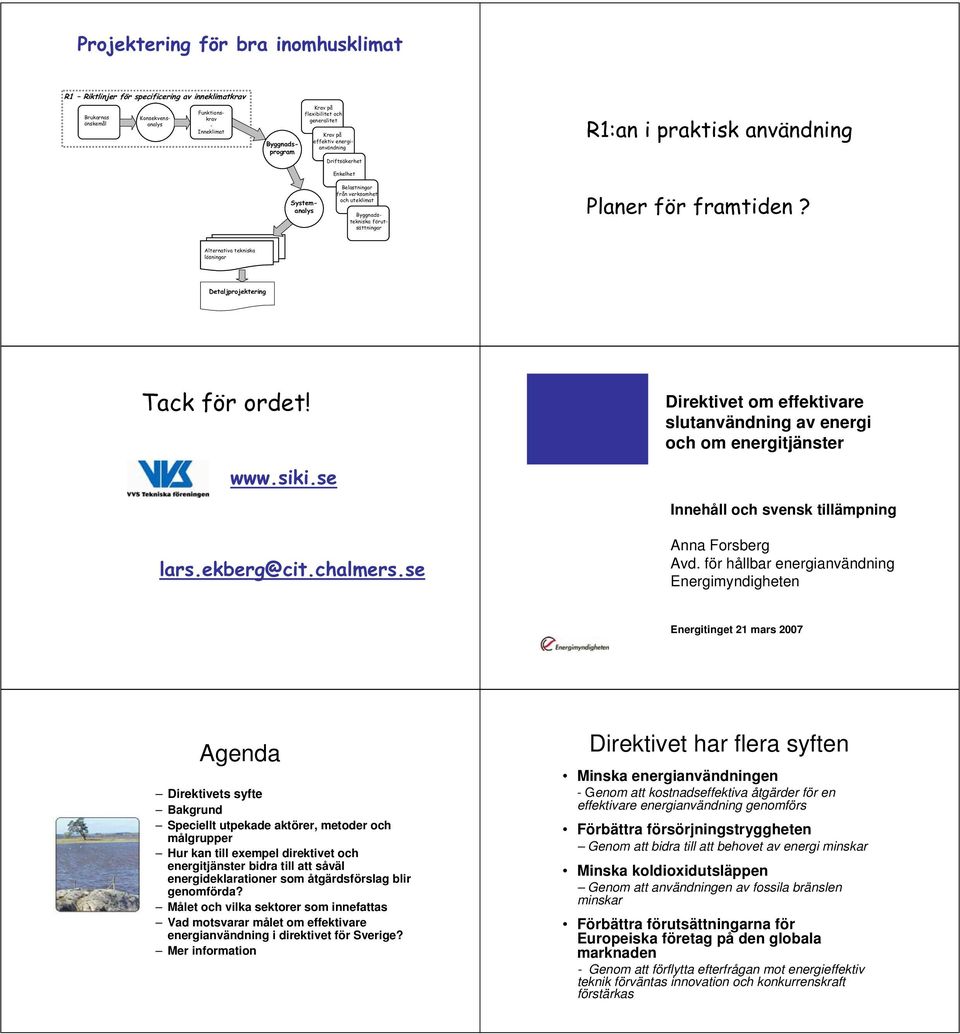 för framtiden? Alternativa tekniska lösningar Detaljprojektering Tack för ordet! www.siki.se lars.ekberg@cit.chalmers.