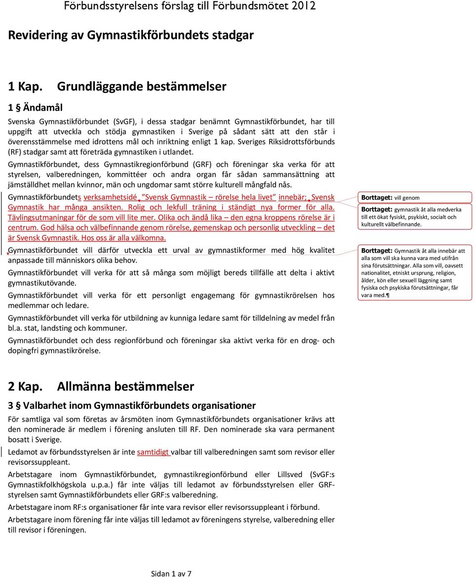 den står i överensstämmelse med idrottens mål och inriktning enligt 1 kap. Sveriges Riksidrottsförbunds (RF) stadgar samt att företräda gymnastiken i utlandet.
