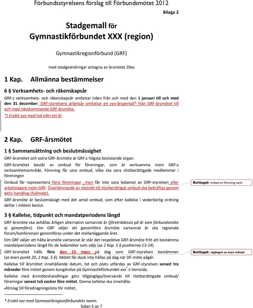 GRF-styrelsens arbetsår omfattar en yyy-årsperiod* från GRF-årsmötet till och med nästkommande GRF-årsmöte. *) Ersätt yyy med två eller ett år 2 Kap.