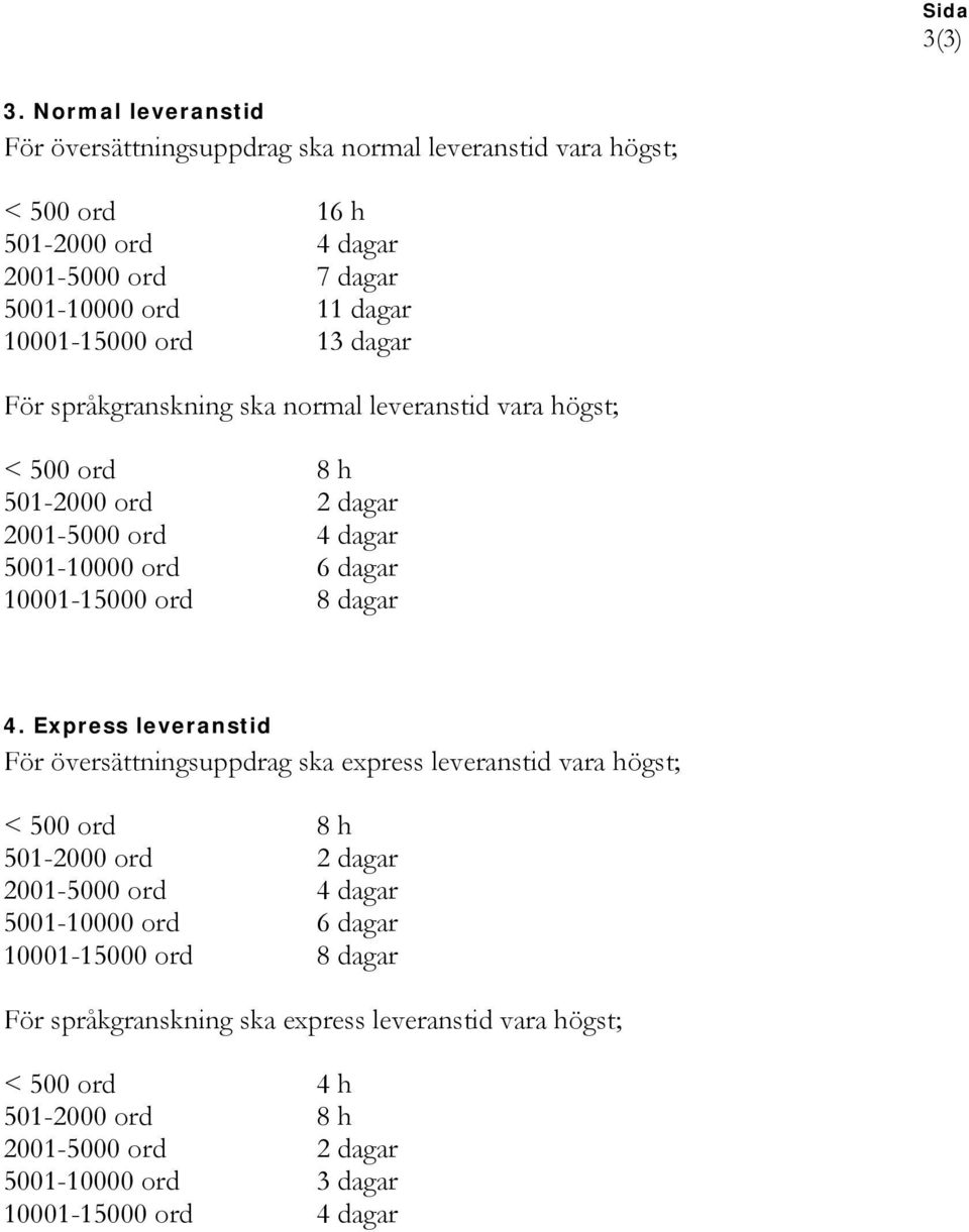 ord 13 dagar För språkgranskning ska normal leveranstid vara högst; < 500 ord 8 h 501-2000 ord 2 dagar 2001-5000 ord 4 dagar 5001-10000 ord 6 dagar 10001-15000 ord 8 dagar 4.