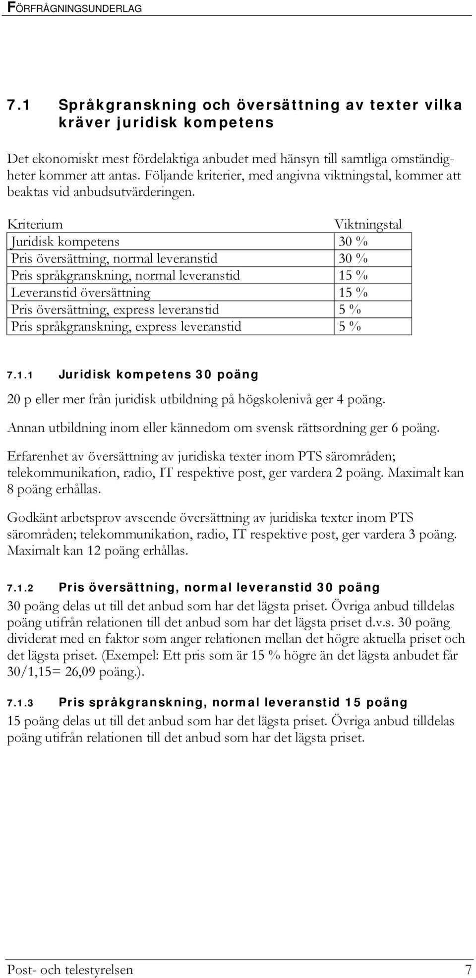 Kriterium Viktningstal Juridisk kompetens 30 % Pris översättning, normal leveranstid 30 % Pris språkgranskning, normal leveranstid 15 % Leveranstid översättning 15 % Pris översättning, express