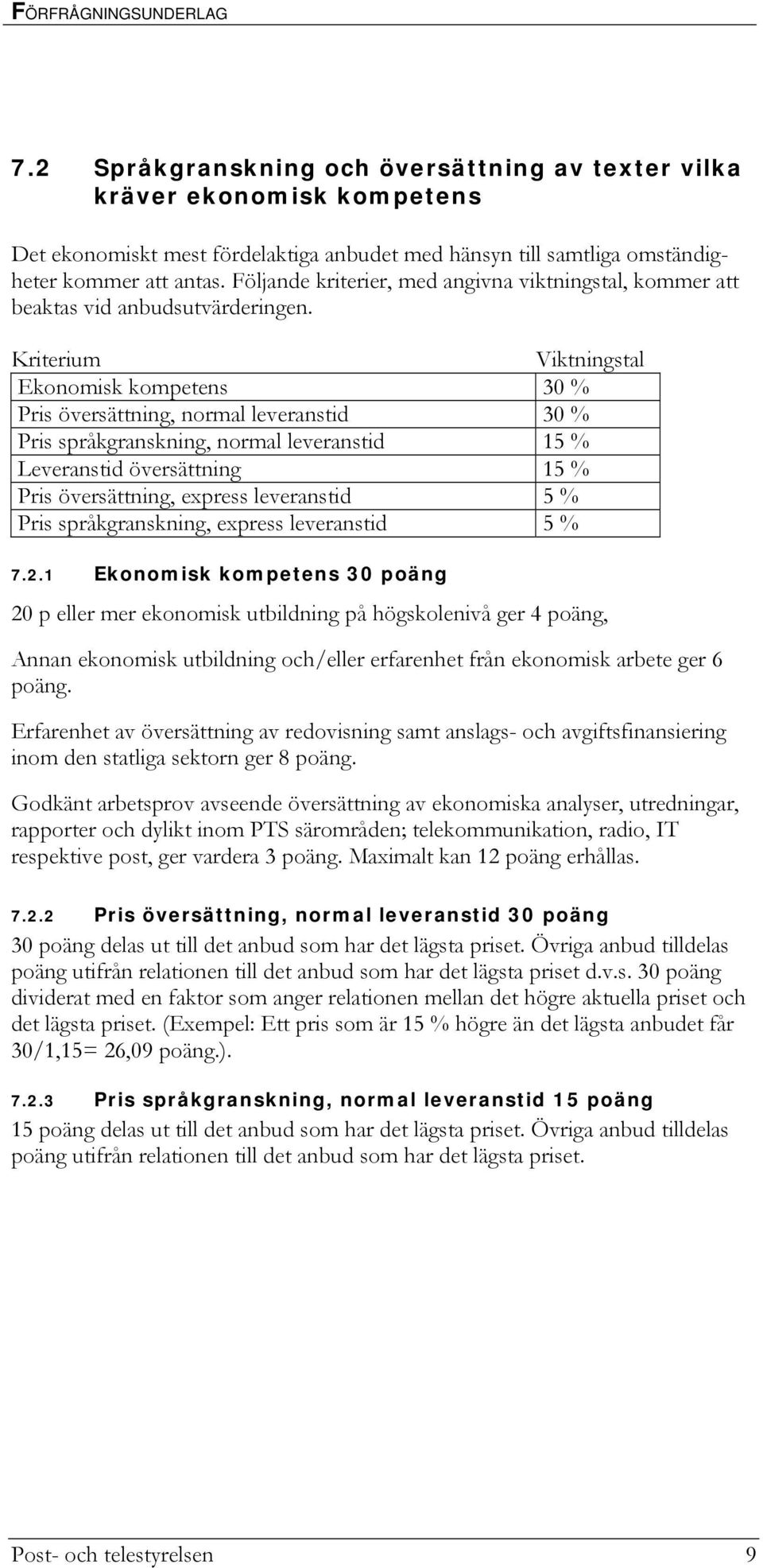 Kriterium Viktningstal Ekonomisk kompetens 30 % Pris översättning, normal leveranstid 30 % Pris språkgranskning, normal leveranstid 15 % Leveranstid översättning 15 % Pris översättning, express