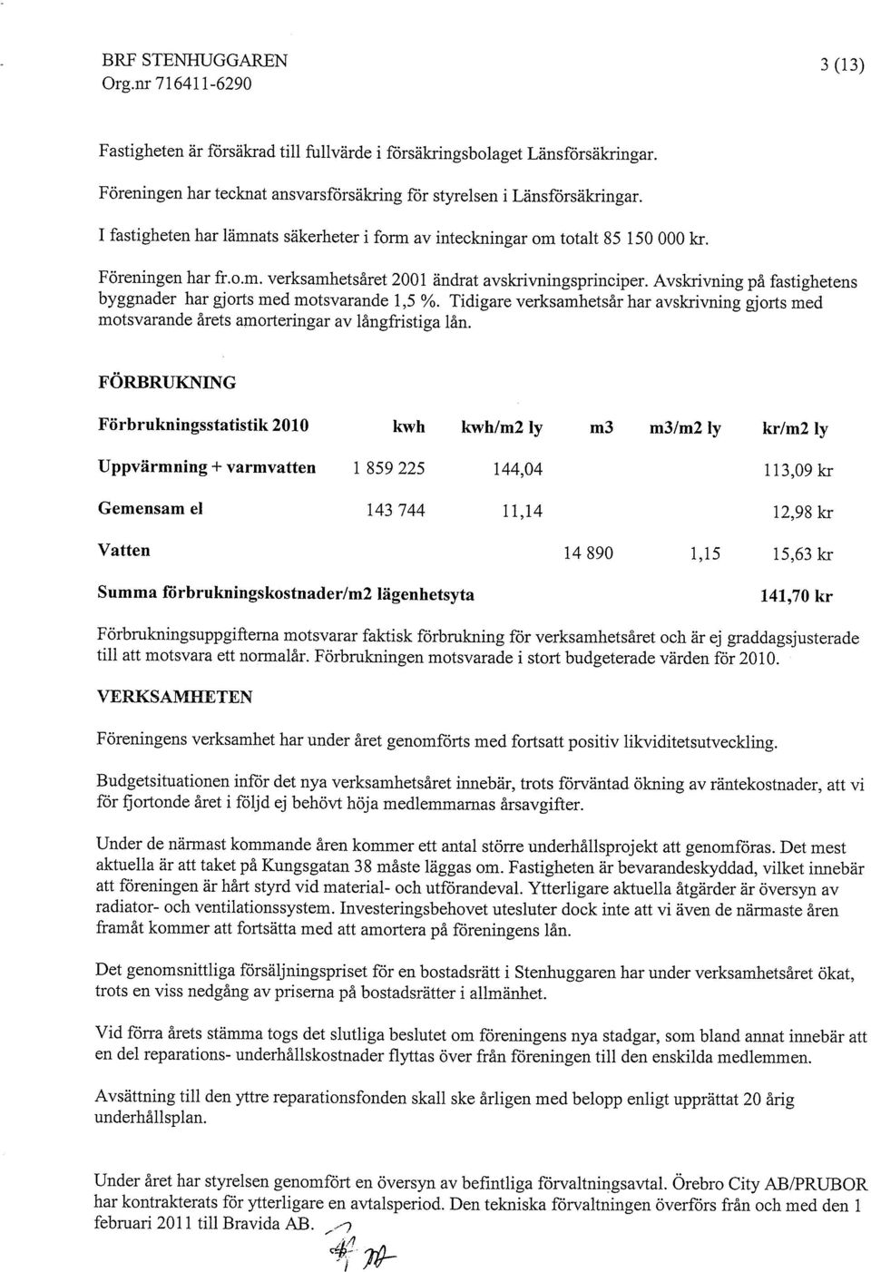 Avskrivning på fastighetens byggnader har gjorts med motsvarande 1,5 %. Tidigare verksamhetsår har avskrivning gjorts med motsvarande årets amorteringar av långfristiga lån.